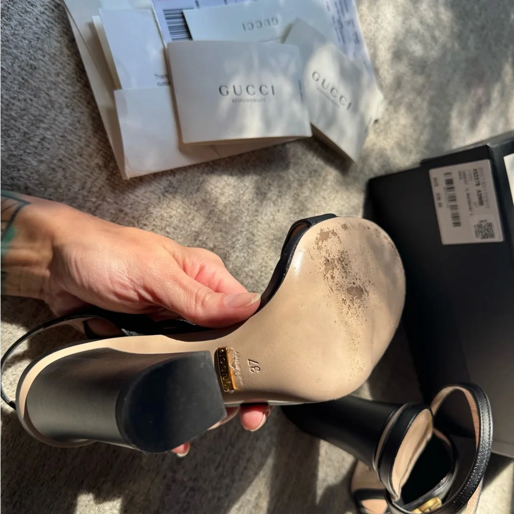 Gucci Black Leather Double G Ankle-Strap Heels